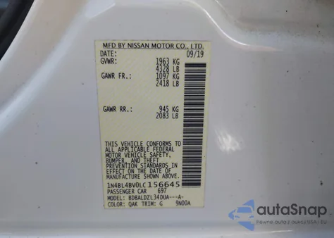 2020 Nissan Altima S Fwd z USA, uszkodzony, nr VIN 1N4BL4BV0LC156645